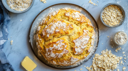 A beautifully baked round bread with a golden crust and fluffy texture, surrounded by oats, flour, and butter, perfect for highlighting culinary themes in photography.の素材