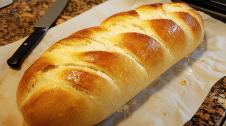 Discover a beautifully baked artisan bread loaf featuring a crispy golden crust and soft interior, perfect for various culinary uses and ideal for food photography.の素材