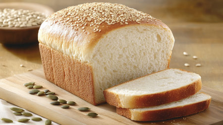 A beautifully baked sesame seed bread loaf presented on a wooden board with enticing slices next to it, perfect for meals, snacks, or culinary preparations.の素材