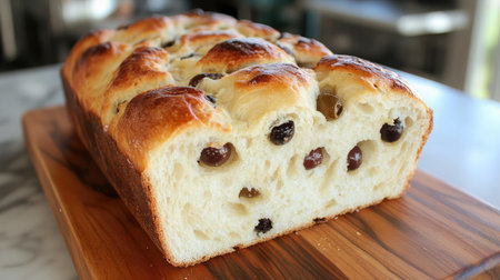 A beautifully baked sweet bread with a golden crust and a soft, fluffy interior, dotted with raisins. Perfect for any meal, it offers a delightful texture and taste.の素材