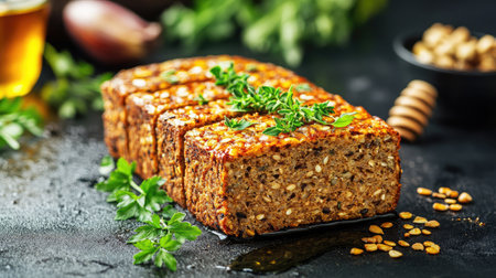 A hearty lentil loaf bursting with flavor and fresh herbs, perfect for a healthy meal. Ideal for vegan cuisine enthusiasts seeking nutritious and delicious options.の素材