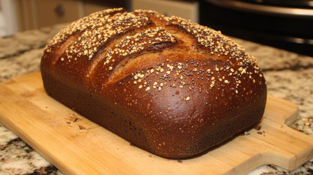 This image captures a freshly baked whole grain bread topped with oats, beautifully presented on a wooden cutting board, perfect for any food lover's kitchen.の素材