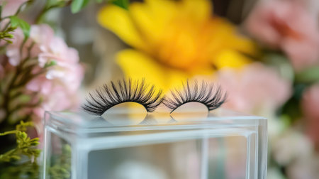 Stunning false eyelashes showcased elegantly against a vibrant floral backdrop, perfect for highlighting beauty and cosmetic themes in promotional materials.の素材