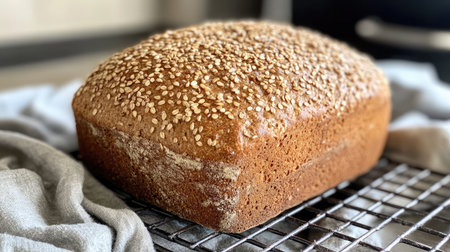This image features a freshly baked whole grain bread topped with sesame seeds, resting on a cooling rack in a cozy kitchen, ideal for food lovers.の素材