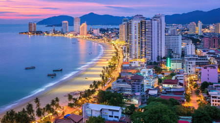 Captivating view of a bustling coastal city at dusk, where city lights meet the serene beach and stunning mountains create a perfect sunset backdrop.の素材