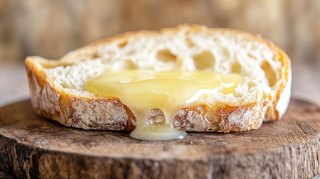 A closeup image of a slice of freshly baked bread with melted butter oozing out, beautifully arranged on a wooden board, showcasing comfort food at its finest.の素材