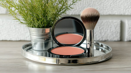 A beautiful makeup setting featuring a blush compact, brush, and a small plant on a shiny tray, perfect for beauty enthusiasts and lifestyle photography.の素材