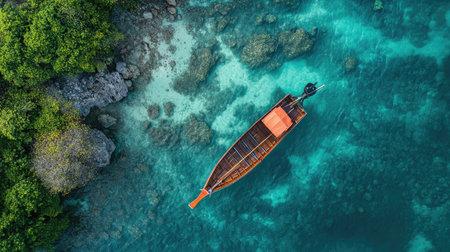 An aerial perspective captures a wooden boat navigating through crystal-clear turquoise waters, showcasing the serene beauty of nature, rocky formations, and rich greenery surrounding this tropical paradise.の素材