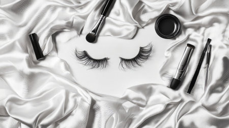 Discover an elegant flat lay featuring false eyelashes and makeup brushes arranged meticulously on soft satin fabric, perfect for beauty enthusiasts and fashion inspiration.の素材