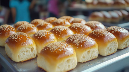 A close-up view of freshly baked soft buns topped with sesame seeds, showcasing their golden color and inviting texture, perfect for any meal or snack.の素材
