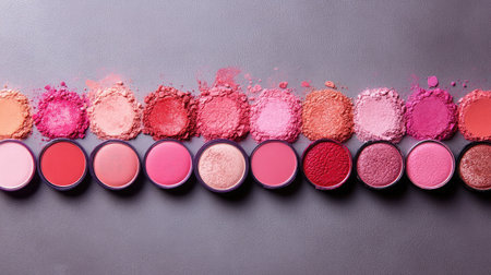 Vibrant blush powders in a spectrum of pinks, reds, and peaches, arranged neatly for makeup lovers. Perfect for beauty projects, tutorials, and product showcases.の素材