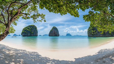 Discover a breathtaking tropical beach with crystal-clear water, lush islands, and vibrant greenery, perfect for relaxation and escape into nature's beauty.の素材