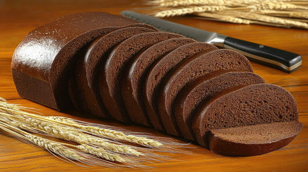 A beautifully sliced brown bread loaf resting on a wooden surface, accompanied by wheat stalks and a knife, perfect for showcasing fresh baking and culinary creativity.の素材