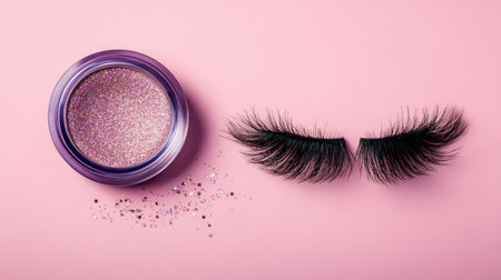 This image features glamorous false eyelashes and sparkling cosmetic glitter on a soft pink background, perfect for beauty enthusiasts and makeup inspiration.の素材