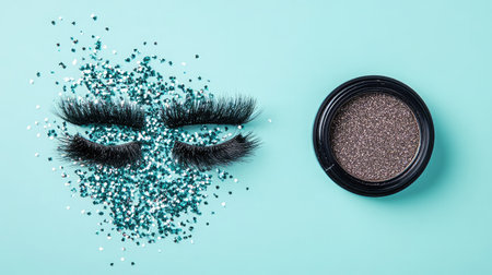 Enhance your beauty collection with these false eyelashes and sparkling glitter, perfect for creating glamorous eye makeup looks on a vibrant turquoise backdrop.の素材