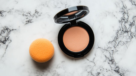 A beautifully arranged makeup compact featuring a blush shade alongside a soft sponge on a stunning marble background, ideal for beauty and cosmetic themes.の素材