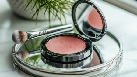 This captivating image showcases a blush compact, brush, and a decorative plant on a reflective surface, embodying elegance and beauty in a serene setting, perfect for promotions.の素材