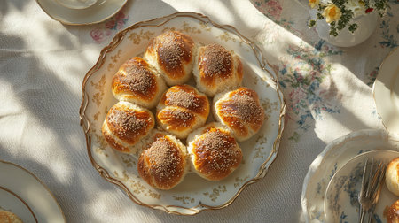 A stunning arrangement of freshly baked soft rolls on a decorative plate, showcasing the beauty of homemade baking in a warm and inviting setting. Perfect for gatherings.の素材