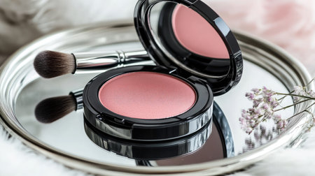 A stunning beauty shot featuring a round blush compact and brush on a reflective surface, surrounded by soft textures and delicate flowers, ideal for cosmetic photography.の素材
