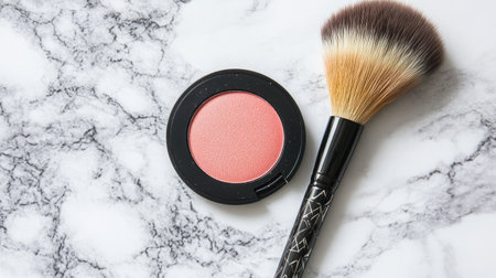 A beautifully arranged blush powder and brush on a marble background, highlighting cosmetic artistry and beauty essentials for engaging promotional and tutorial usage.の素材