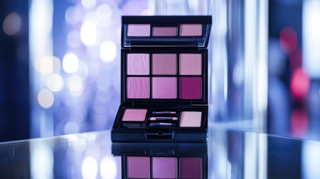 A stunning makeup palette featuring a variety of blush and lip colors, elegantly showcased against a softly blurred background creating a glamorous atmosphere.の素材