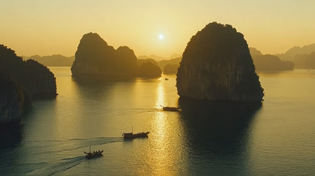 Experience the breathtaking beauty of a tranquil bay at sunrise, featuring stunning rock formations and traditional boats gliding through serene waters.の素材
