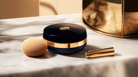 This captivating arrangement of luxury cosmetics showcases a sophisticated blue jar and golden accents alongside a makeup sponge and lipstick, perfect for beauty enthusiasts.の素材