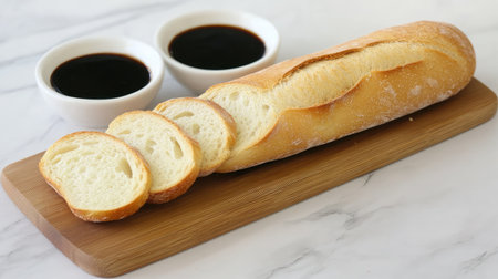 A beautifully presented freshly baked bread loaf with slices on a wooden board, complemented by two bowls of rich dark sauce, perfect for any meal or gathering.の素材