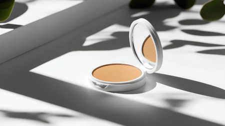 A stylish compact foundation placed on a white surface, reflecting soft natural light and shadows, ideal for showcasing beauty products in a modern aesthetic.の素材