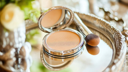 A beautifully styled makeup compact resting on a mirrored surface, accompanied by a soft makeup brush, ideal for promoting beauty and cosmetic products in elegant settings.の素材