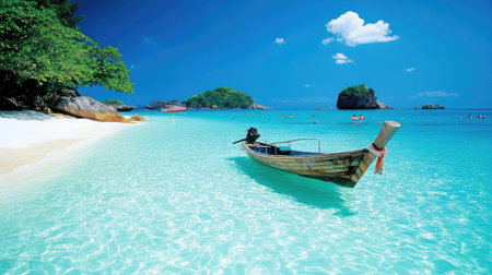 Experience the tranquility of a tropical beach scene featuring a traditional wooden boat amidst crystal clear water, under a brilliant blue sky and fluffy clouds.の素材