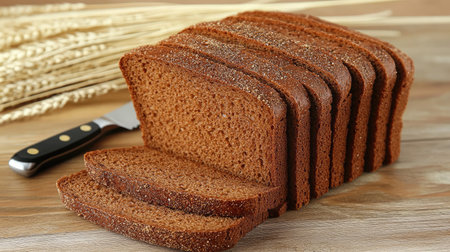 Freshly baked brown bread sliced neatly, showcasing its rich texture and color, perfect for food photography, culinary inspirations, and healthy eating concepts.の素材