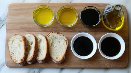 A visually appealing setup featuring different oils and balsamic vinegar alongside sliced bread, ideal for gourmet dipping and culinary presentations in any setting.の素材
