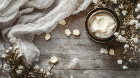A beautifully arranged image showcasing a creamy skin care product in a rustic bowl, surrounded by delicate flowers and textured fabrics, ideal for wellness and beauty projects.の素材
