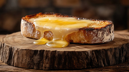 A slice of freshly toasted bread topped with warm honey, drizzling down onto a rustic wooden surface, creating an inviting and cozy food image perfect for culinary enthusiasts.の素材
