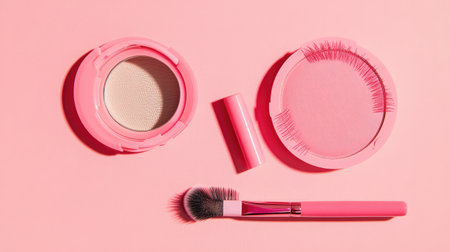A stylish flatlay of pink makeup essentials including blush, compact powder, and a brush on a soft pink background, showcasing a modern beauty aesthetic for your fashion needs.の素材