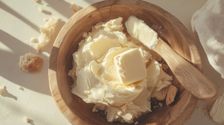 A rustic wooden bowl filled with creamy butter, accompanied by a wooden spoon. Ideal for cooking and baking photoshoots, showcasing the warmth and texture of fresh ingredients.の素材