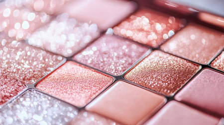 A stunning close-up shot of a vibrant cosmetic palette showcasing various shimmering pink shades, perfect for makeup lovers and beauty professionals seeking inspiration and creativity.の素材