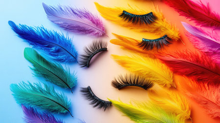 A stunning arrangement featuring colorful feathers alongside bold false eyelashes, set against a smooth gradient background, perfect for beauty and fashion inspirations.の素材