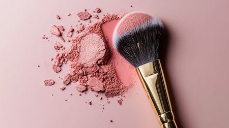 This image showcases a makeup brush resting beside pink blush powder on a smooth surface, highlighting essential beauty tools for creating stunning looks in everyday routines.の素材