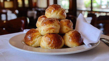 A beautiful presentation of freshly baked soft rolls stacked elegantly on a white plate, perfect for adding a touch of warmth to any dining experience in a cafe or restaurant.の素材