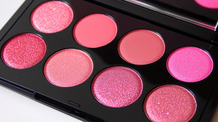 A sleek black compact housing a vibrant array of pink blush shades and textures, perfect for beauty enthusiasts and makeup artists looking to elevate their artistry.の素材