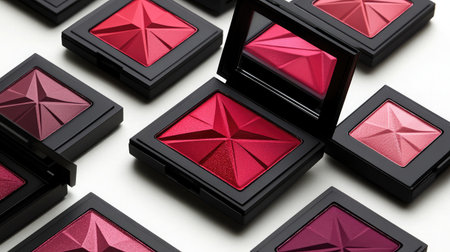 A stunning arrangement of red makeup powders in chic black compacts reflects luxury and artistry, perfect for showcasing a glamorous beauty collection for all enthusiasts.の素材