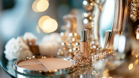 This image captures an elegant makeup display featuring a mirror, cosmetics, and decorative accessories, all set against a backdrop of soft bokeh lights, perfect for beauty themes.の素材