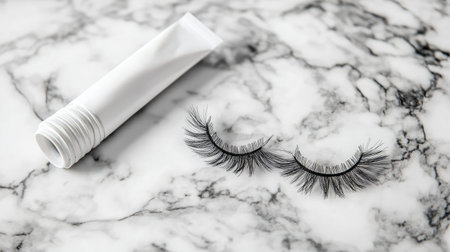 A captivating close-up of false eyelashes paired with a tube of adhesive on a sleek marble surface, ideal for beauty and cosmetic imagery or marketing purposes.の素材