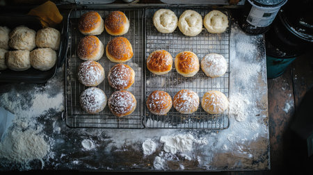 A delightful assortment of freshly baked pastries rests on a rustic table dusted with flour, showcasing a cozy kitchen atmosphere perfect for inspiring culinary creativity.の素材