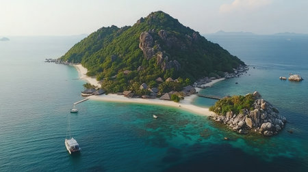 An enchanting aerial view of a tropical island surrounded by clear blue waters, featuring lush greenery and soft sandy beaches, perfect for vacation and relaxation.の素材