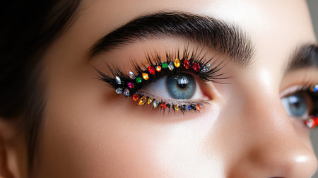 This close-up image captures the beauty of eyes adorned with vibrant rhinestones, highlighting a unique makeup design that is perfect for fashion shoots and creative expression.の素材