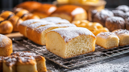 An inviting display of freshly baked bread loaves dusted with powdered sugar, ideal for showcasing warmth and comfort in a bakery atmosphere.の素材