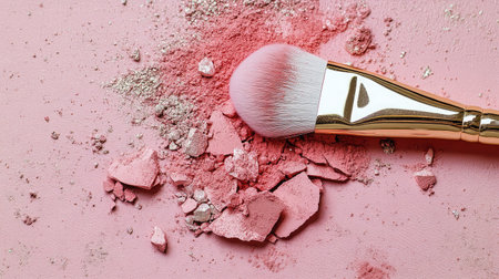 A stylish makeup brush rests beside scattered blush powder on a soft pink surface, ideal for beauty themes, product displays, and cosmetic artistry inspiration.の素材